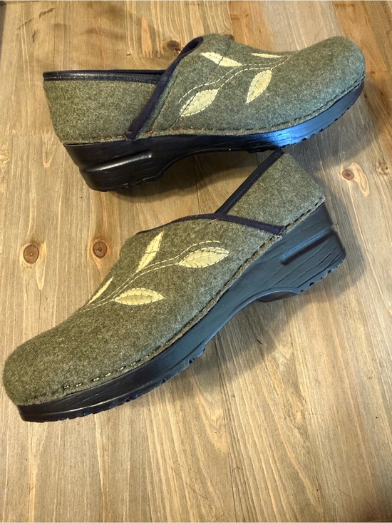 Dansko Shoes - Dansko Olive Green Wool Slip-On Mules with Leaf Stitching